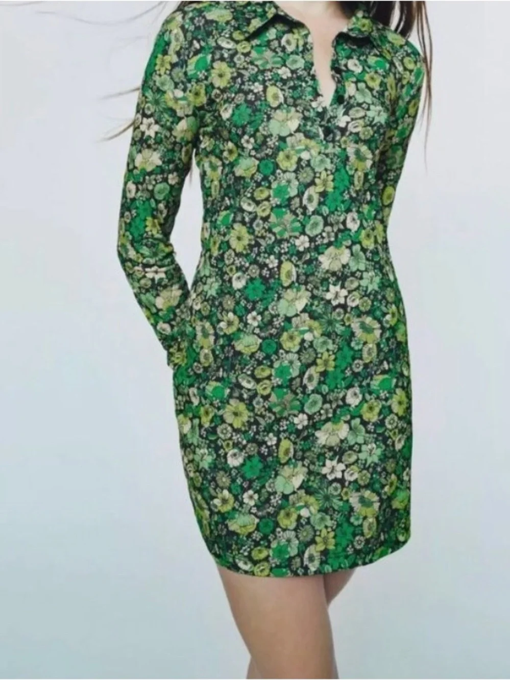 zara green floral shirt dress Zara Green Floral‎ Long Sleeve Shirt Dress